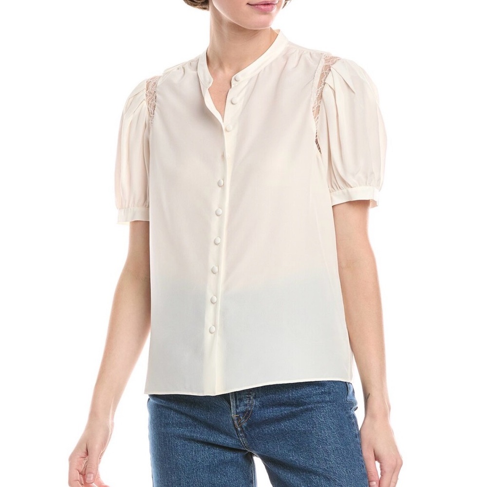 Frame Cream Button-Front Short Sleeve Blouse Silk blend